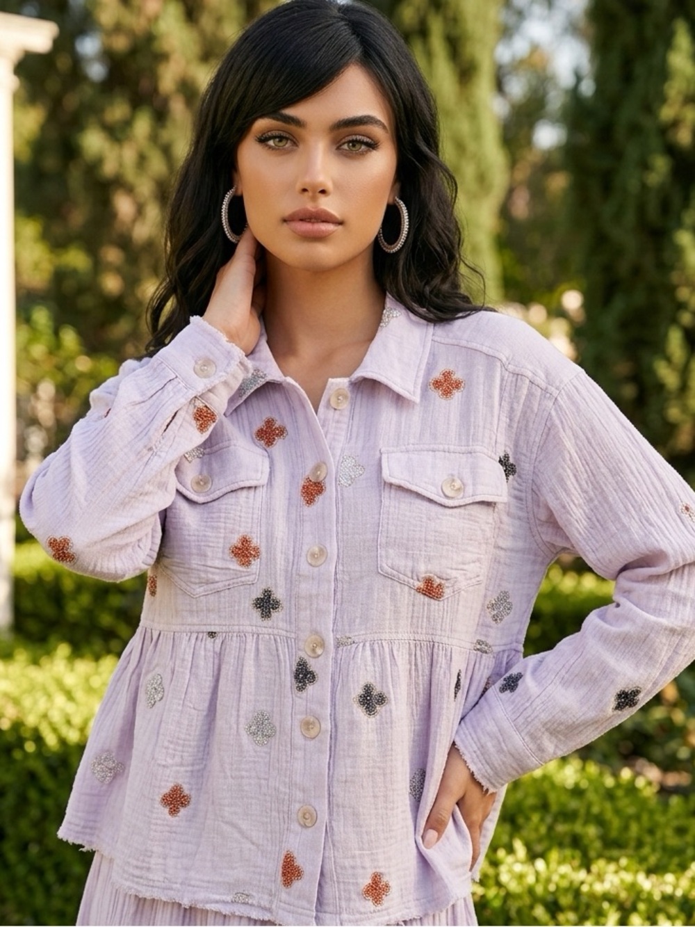 Lilac Embroidered Button-Front Women's top cardigan jacket size LARGE - Picture 2 of 6